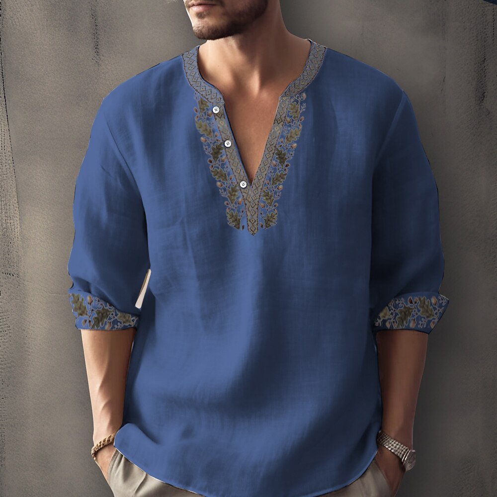 Men's Green Ethnic Floral Linen 3/4 Sleeve Henley Shirt