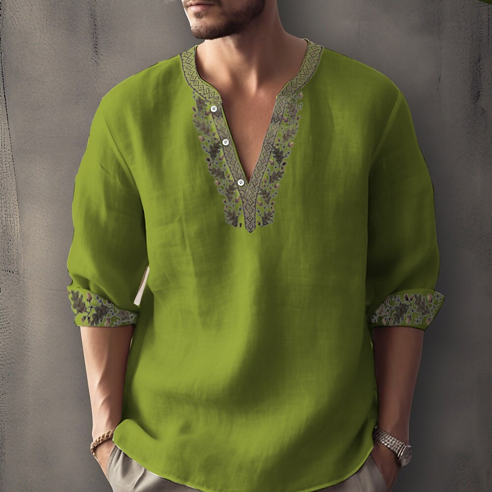 Men's Green Ethnic Floral Linen 3/4 Sleeve Henley Shirt