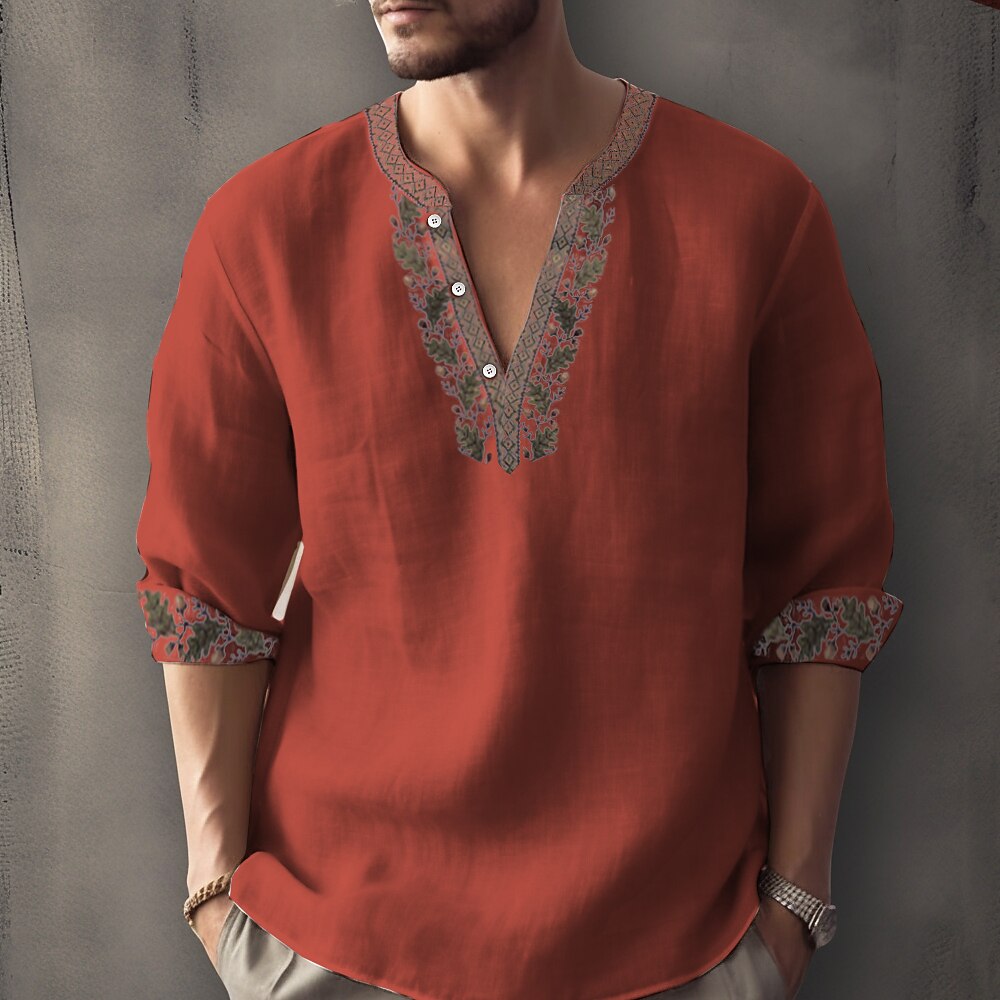 Men's Green Ethnic Floral Linen 3/4 Sleeve Henley Shirt