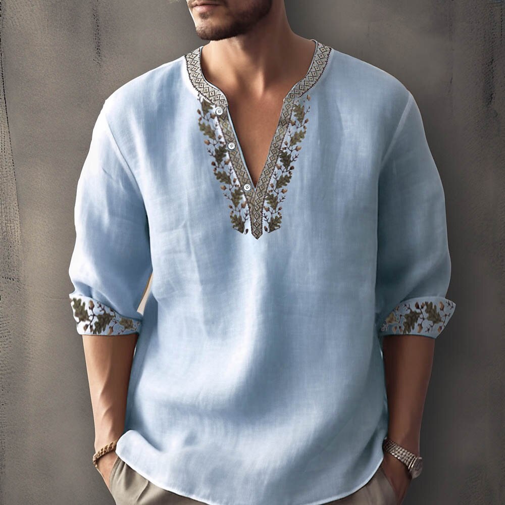 Men's Green Ethnic Floral Linen 3/4 Sleeve Henley Shirt