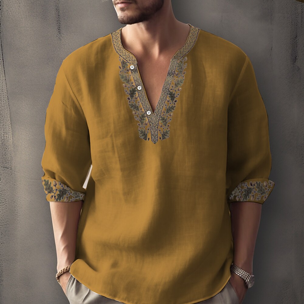Men's Green Ethnic Floral Linen 3/4 Sleeve Henley Shirt