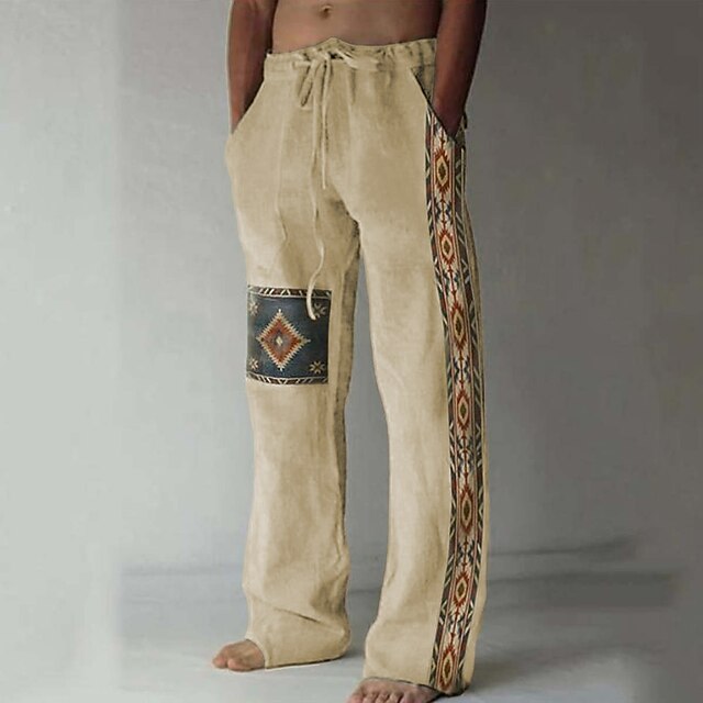 Men's Ethnic Geometric Patch Linen Drawstring Wide Leg Pants