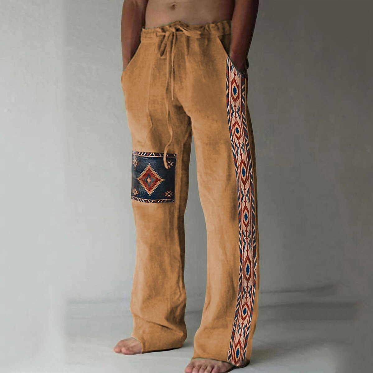 Men's Ethnic Geometric Patch Linen Drawstring Wide Leg Pants