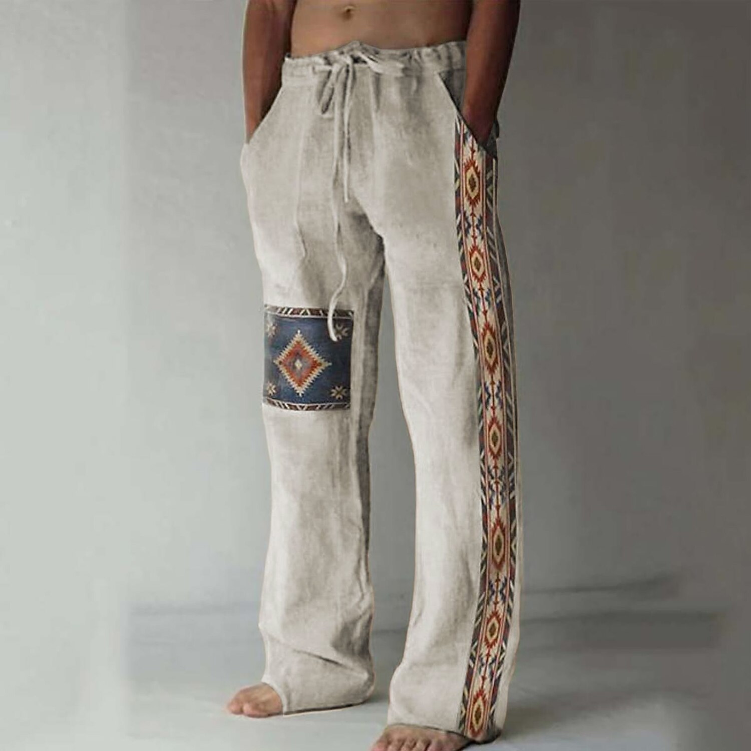 Men's Ethnic Geometric Patch Linen Drawstring Wide Leg Pants