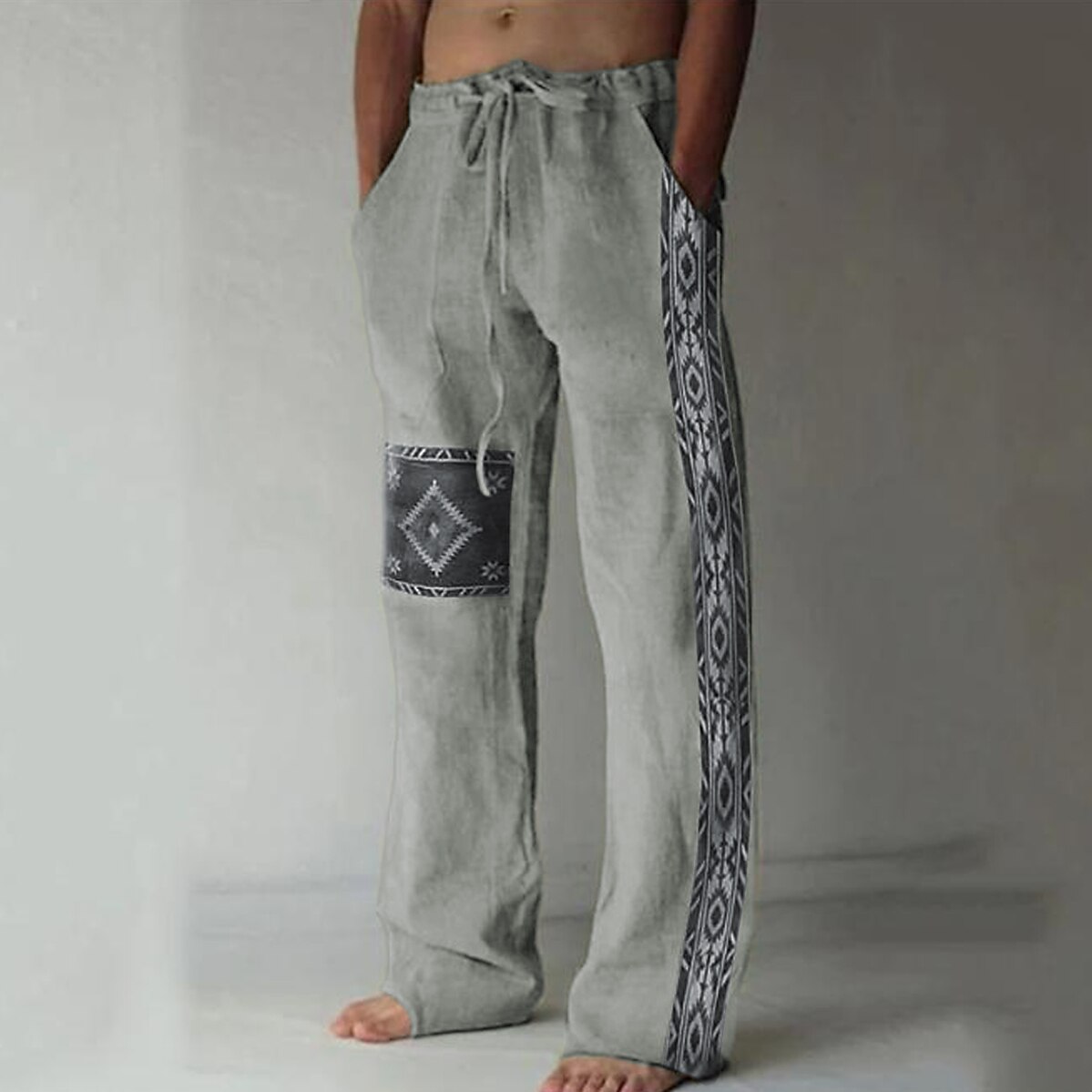 Men's Ethnic Geometric Patch Linen Drawstring Wide Leg Pants