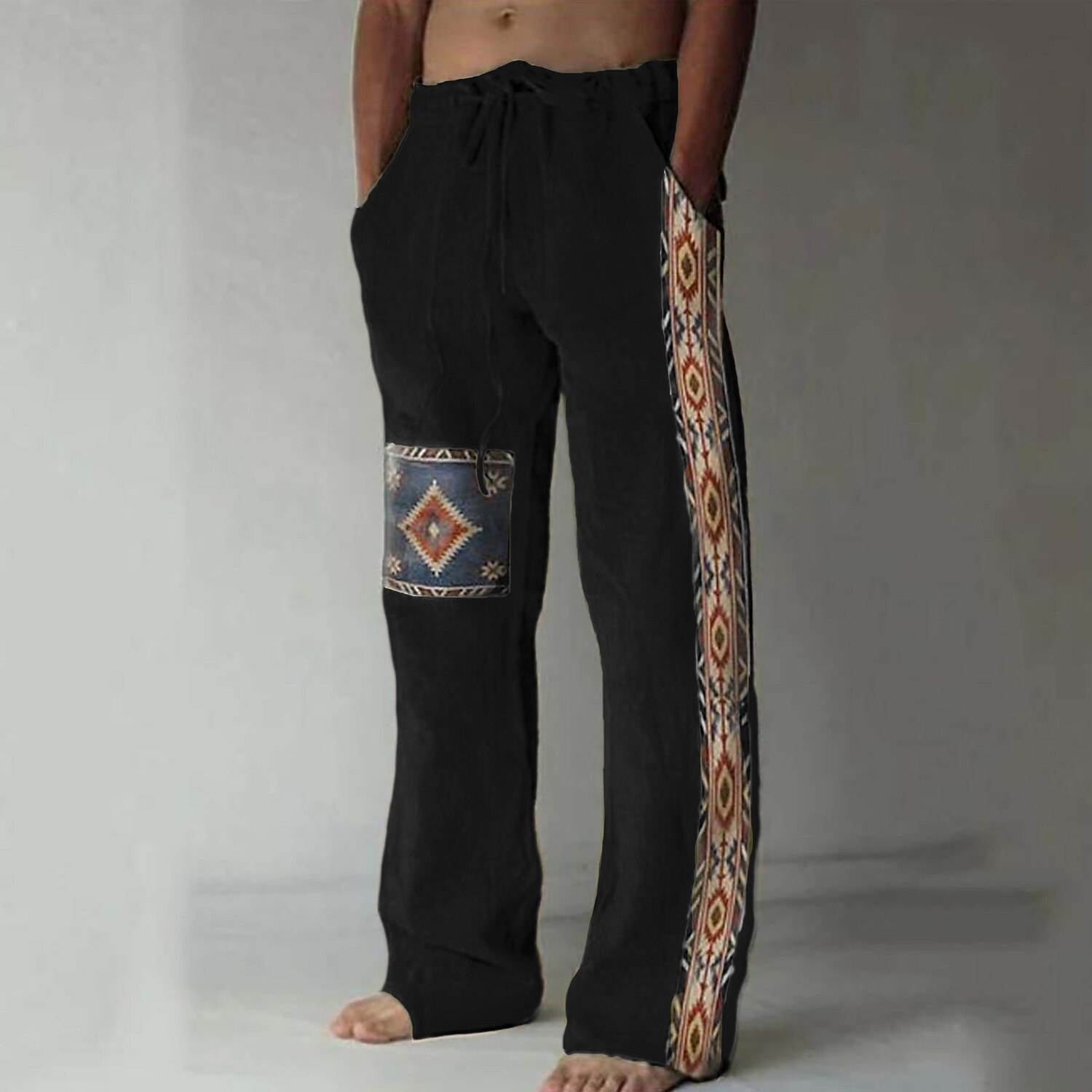 Men's Ethnic Geometric Patch Linen Drawstring Wide Leg Pants