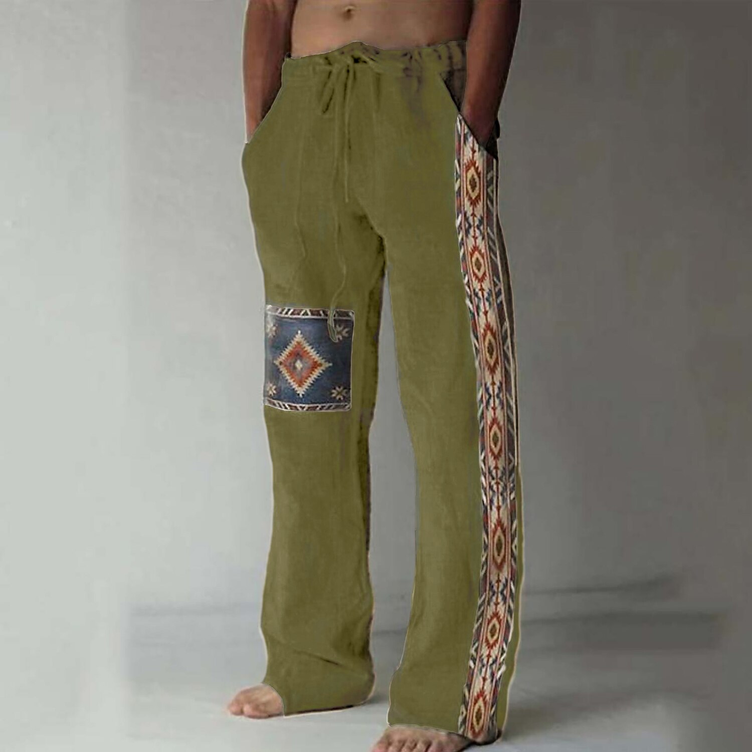 Men's Ethnic Geometric Patch Linen Drawstring Wide Leg Pants
