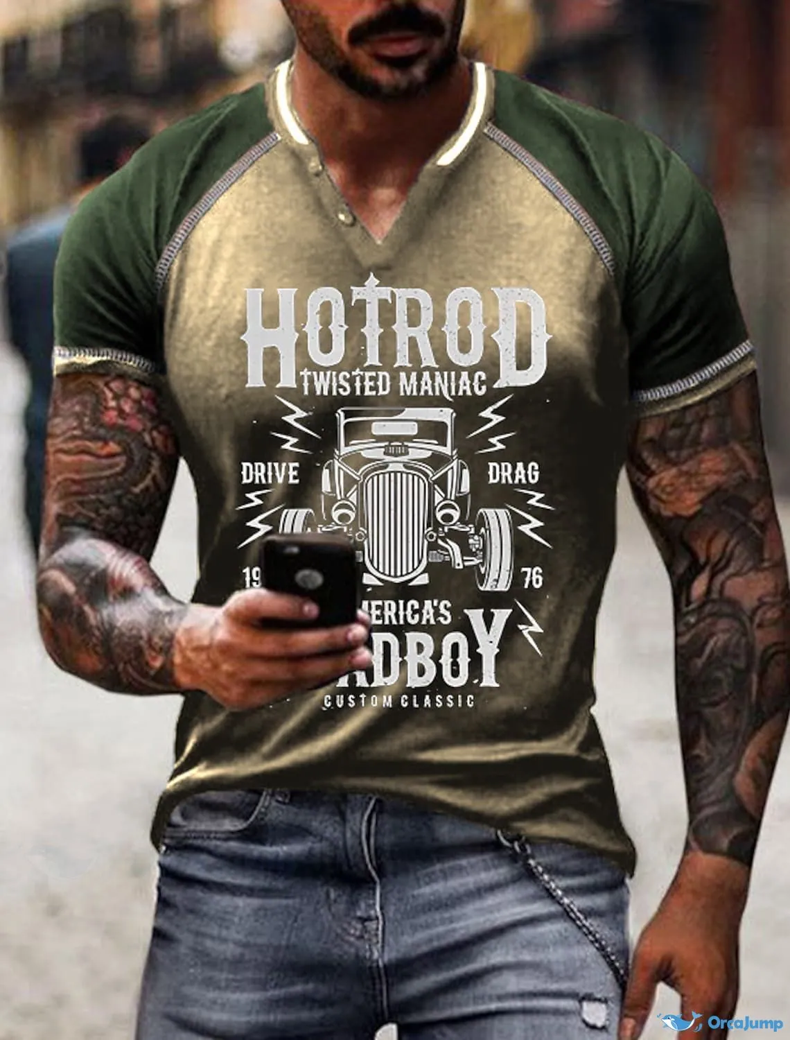 Men's Hotrod Classic Car Raglan Short Sleeve Henley T-Shirt