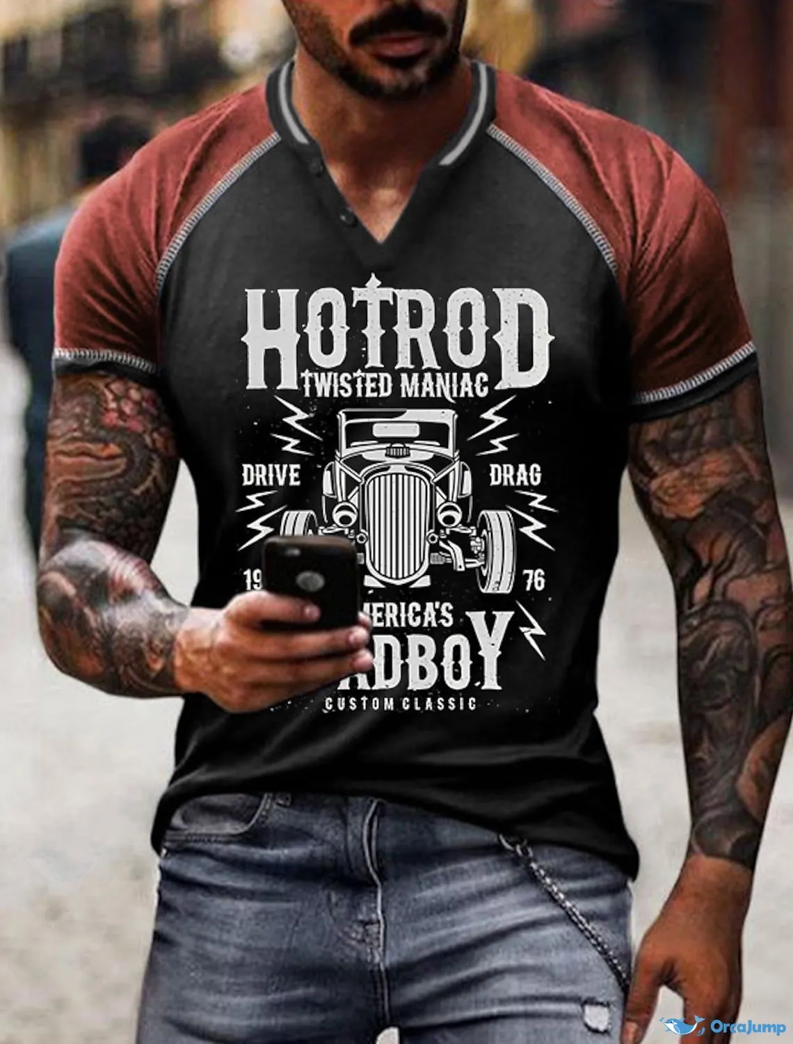 Men's Hotrod Classic Car Raglan Short Sleeve Henley T-Shirt