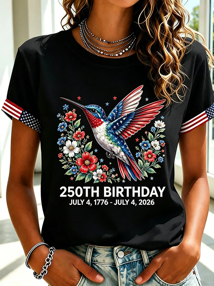 Women's Floral Hummingbird Patriotic Short Sleeve T-Shirt