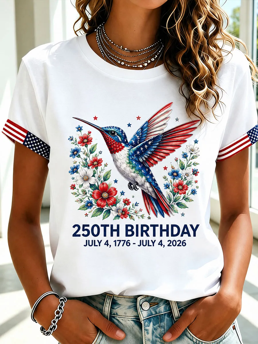 Women's Floral Hummingbird Patriotic Short Sleeve T-Shirt
