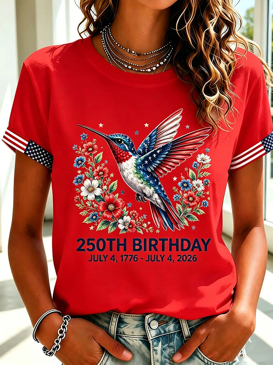 Women's Floral Hummingbird Patriotic Short Sleeve T-Shirt