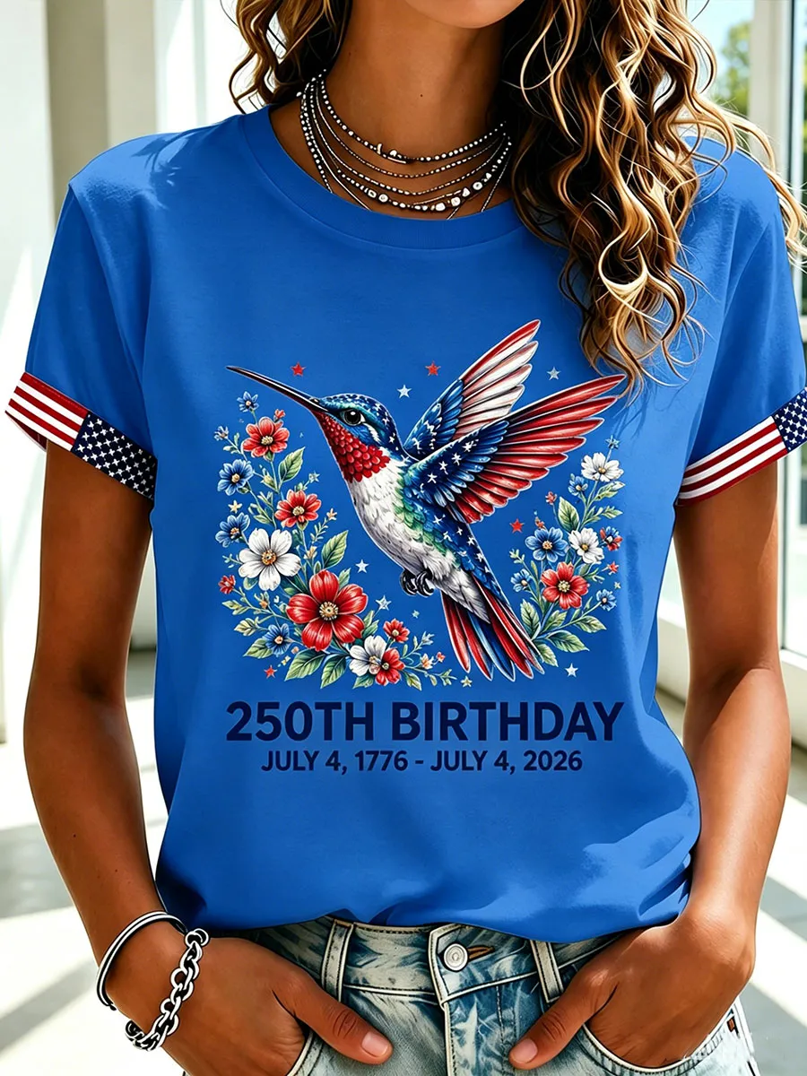 Women's Floral Hummingbird Patriotic Short Sleeve T-Shirt