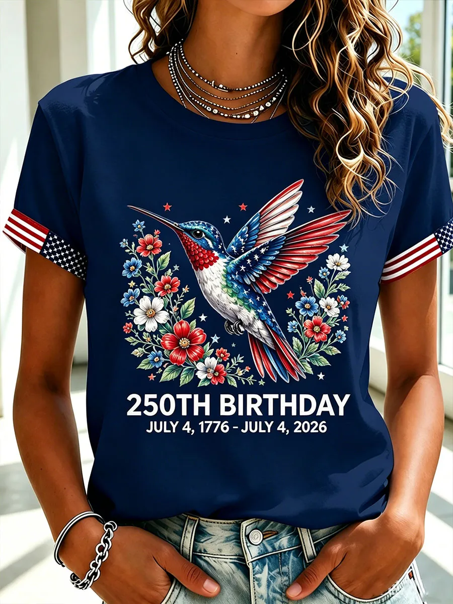 Women's Floral Hummingbird Patriotic Short Sleeve T-Shirt