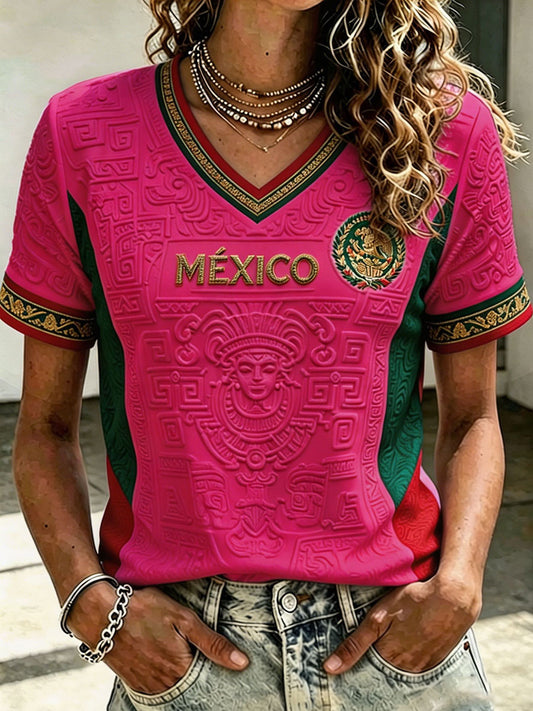 Women's Mexico Aztec Totem V-Neck Football Fan Top