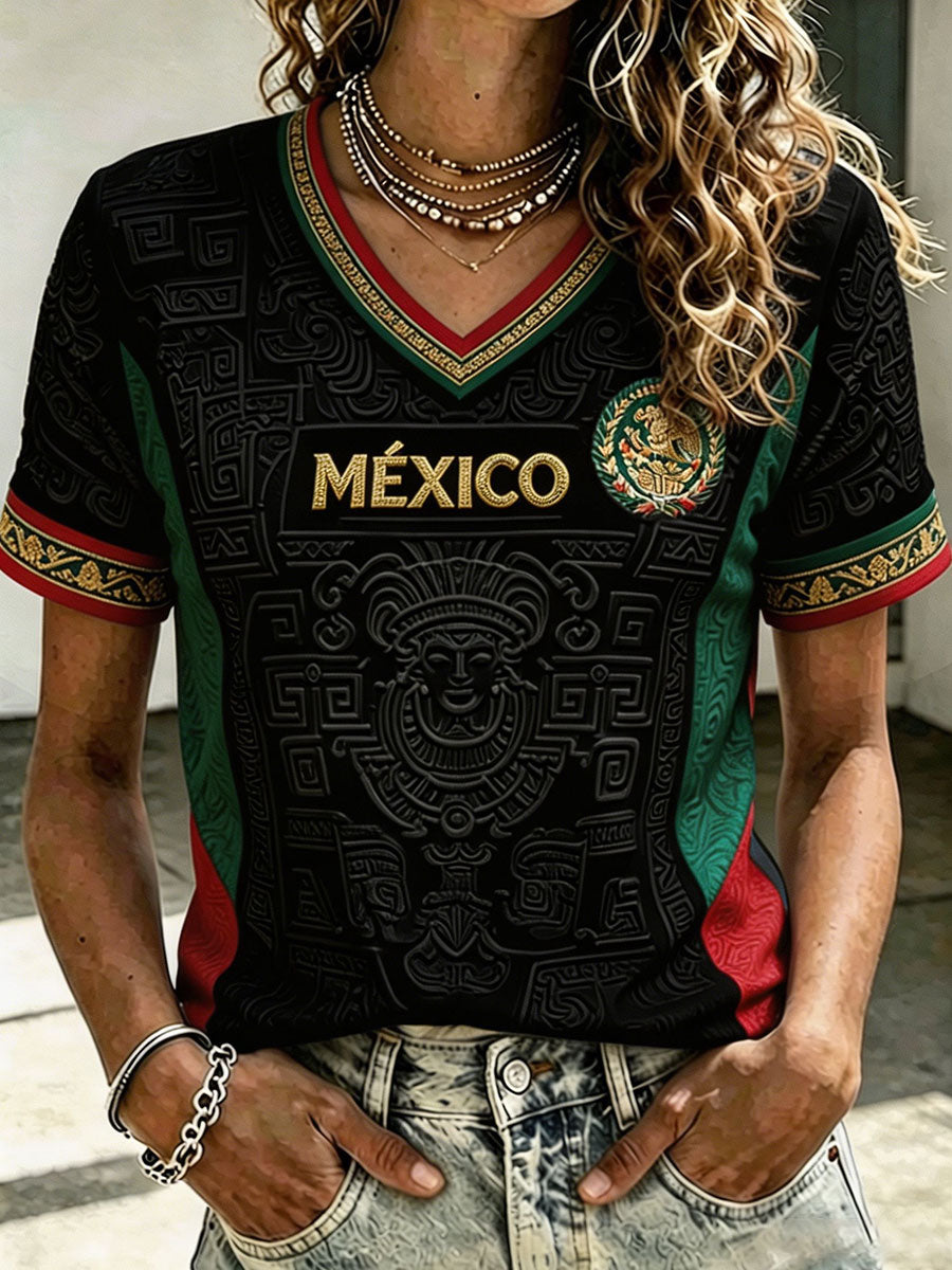 Women's Mexico Aztec Totem V-Neck Football Fan Top