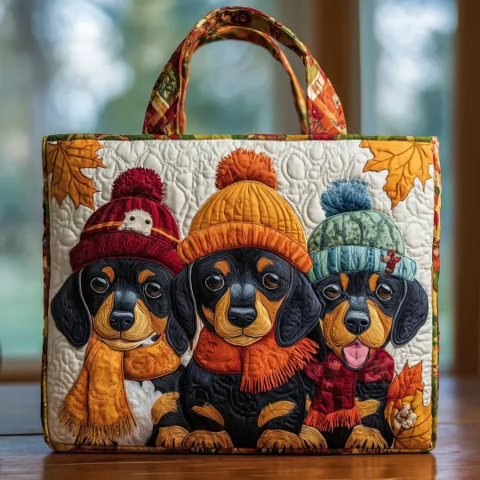 Autumn Knit Hat Dachshund Maple Leaf Quilted Tote Bag GFTOTP16162