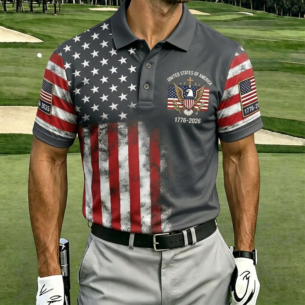 Men's Patriotic Eagle Emblem Distressed Flag Golf Polo Shirt