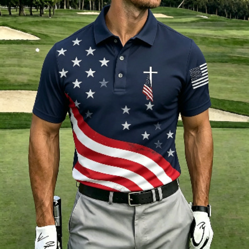 [Copy]Men's Patriotic Eagle Emblem Distressed Flag Golf Polo Shirt