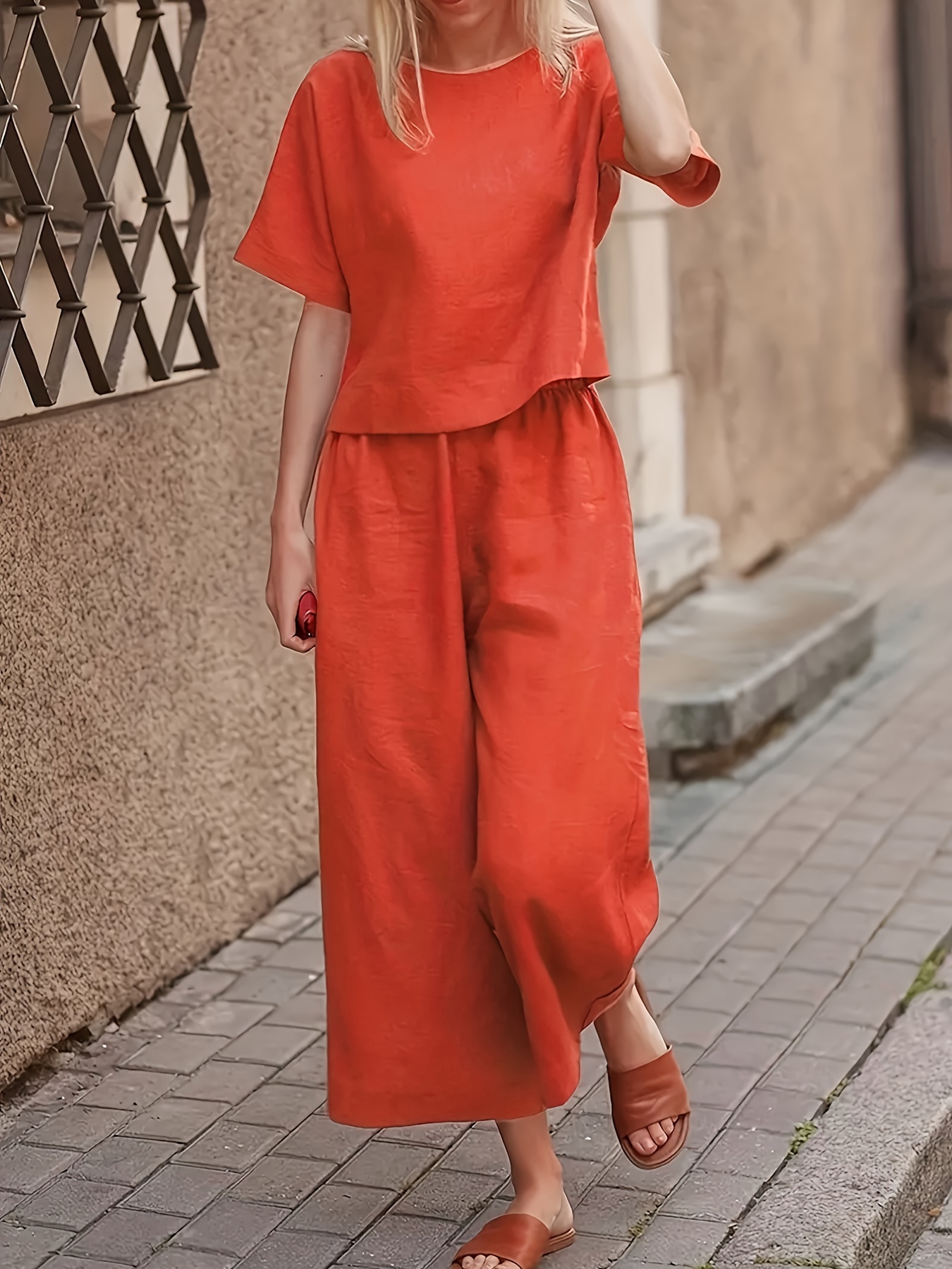 Women's Short Sleeve Crop Top & Wide Leg Cropped Pants Linen Two Piece Set