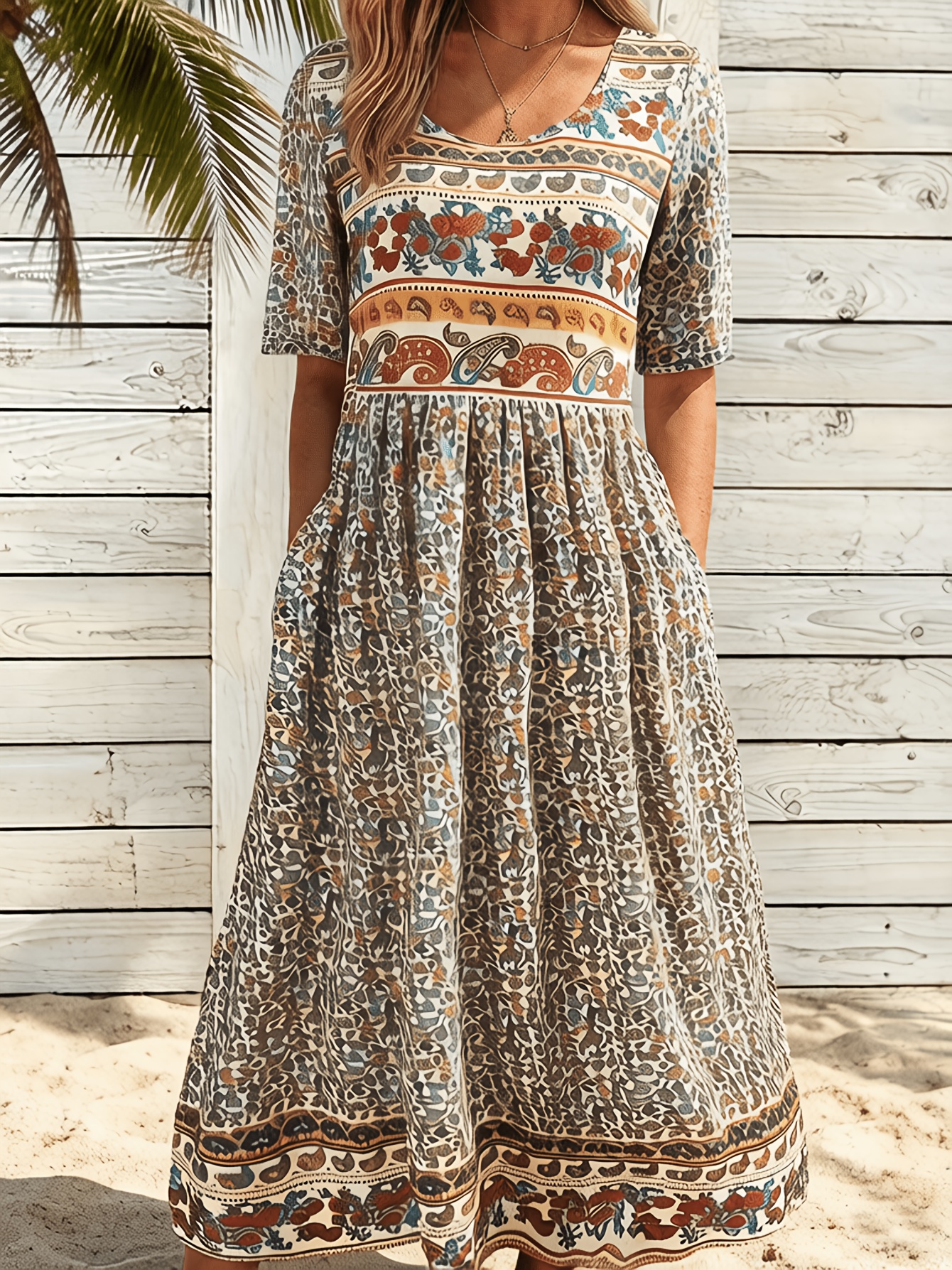 Women's Boho Border Paisley Print Short Sleeve Midi Dress