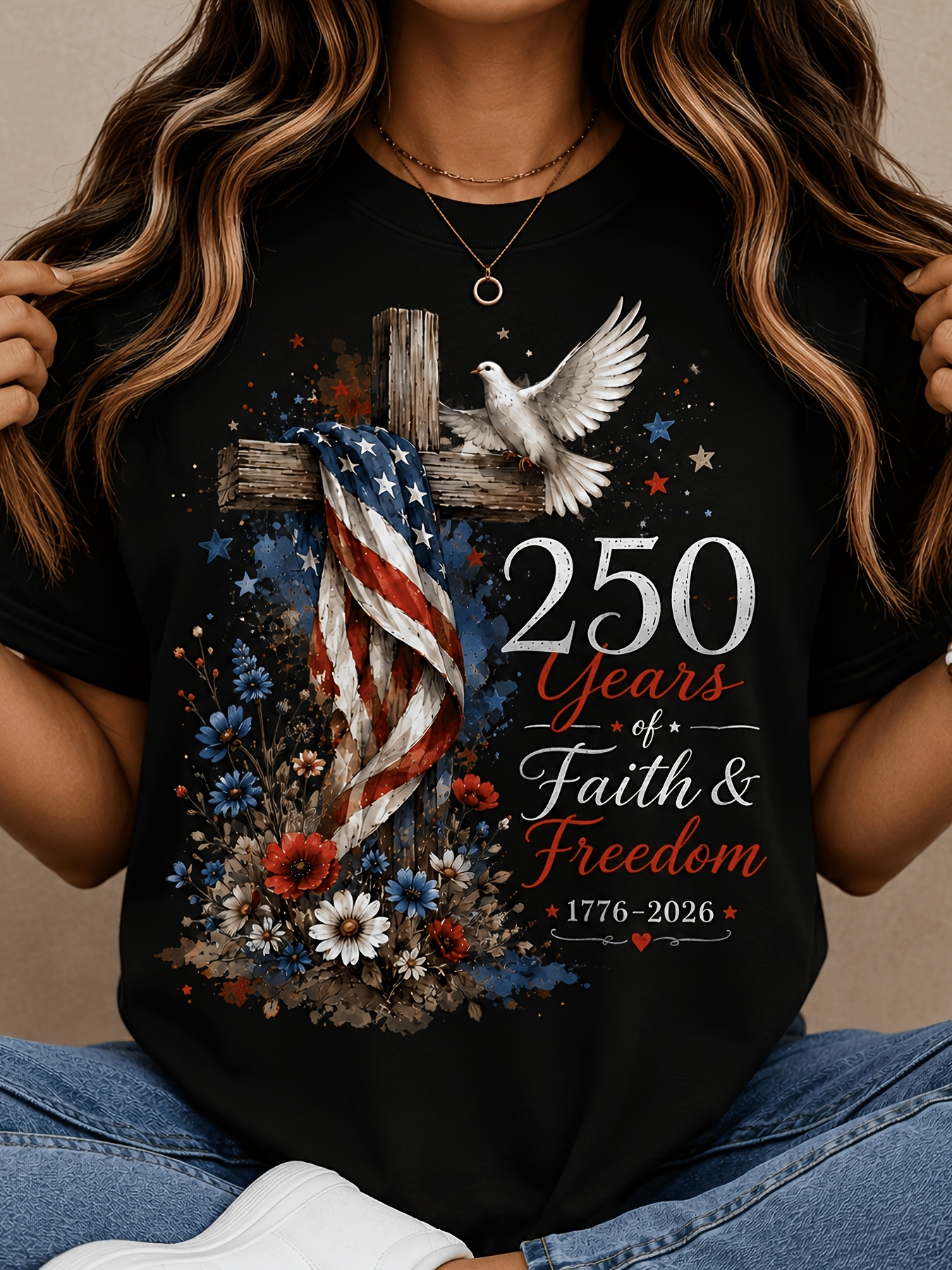 Women's Cross Dove Floral Faith Freedom Patriotic Crew Neck T-Shirt