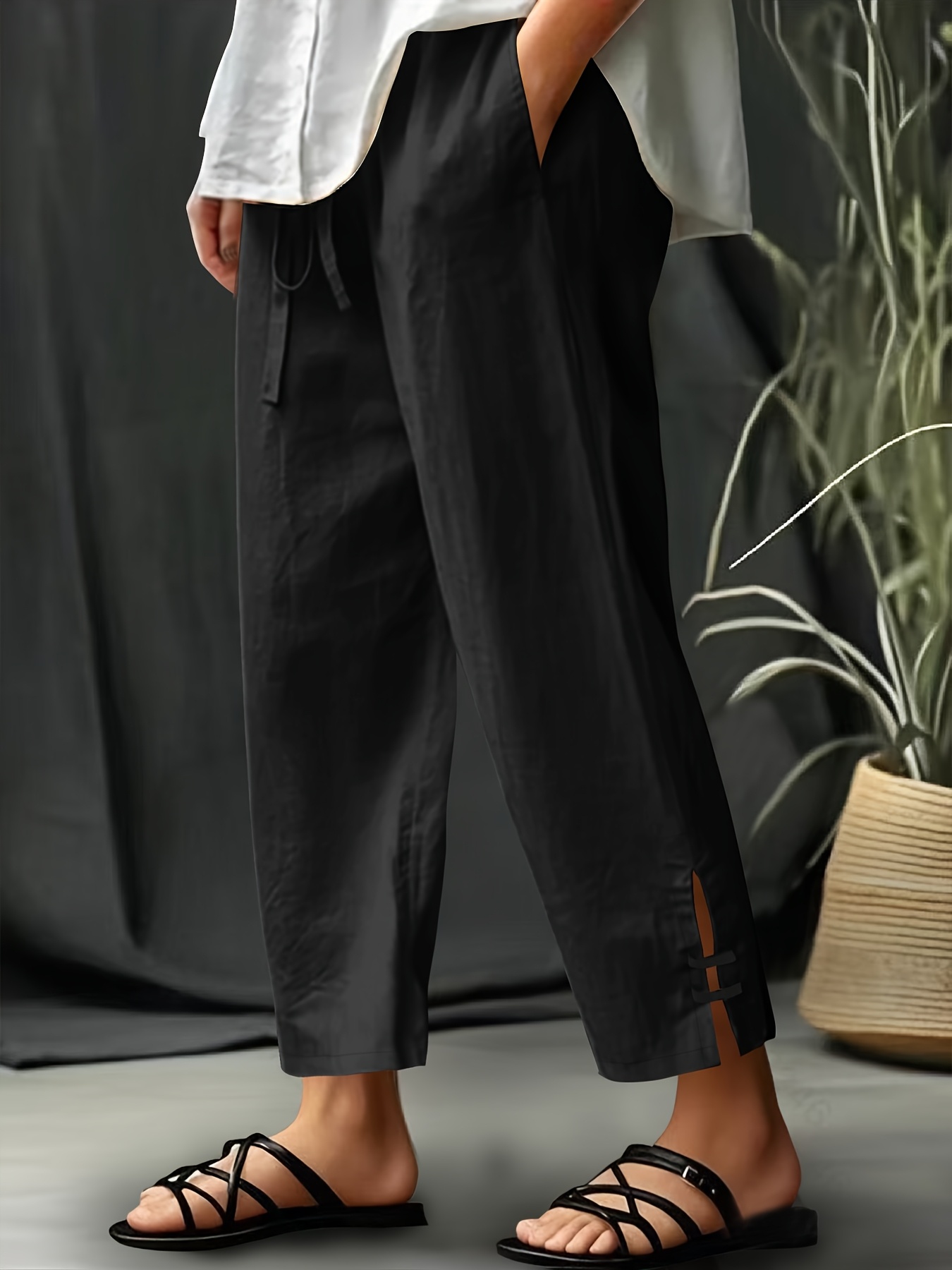 Women's Drawstring Waist Side Slit Buckle Detail Linen Cropped Pants
