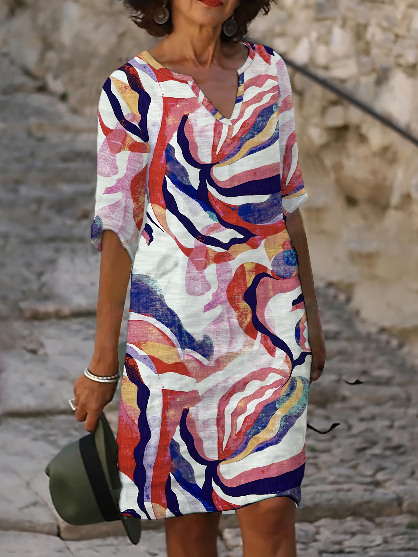 Women's Abstract Marble Print Notch V Neck Three Quarter Sleeve Midi Dress