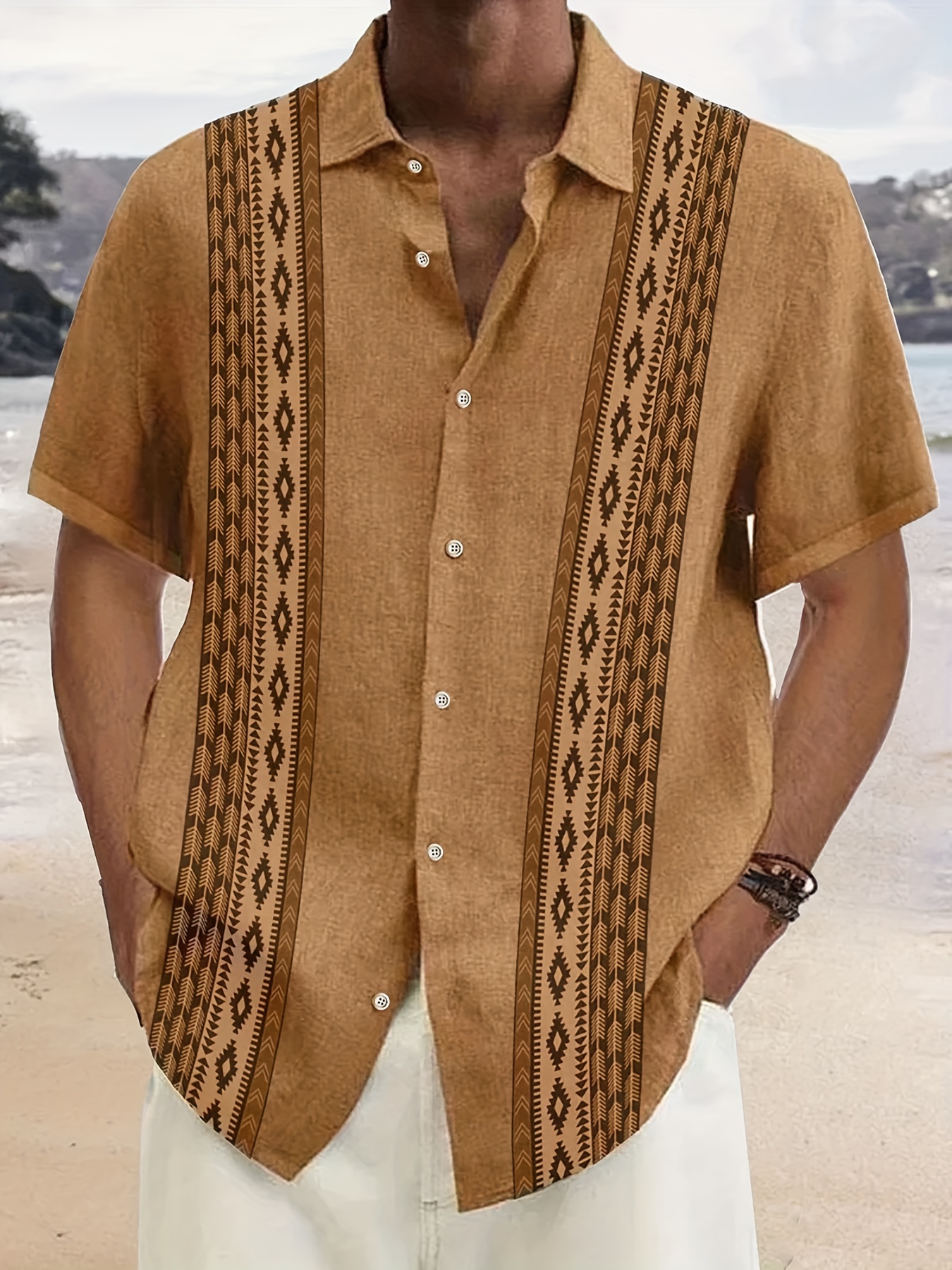 Men's Ethnic Geometric Striped Print Short Sleeve Button Down Resort Shirt