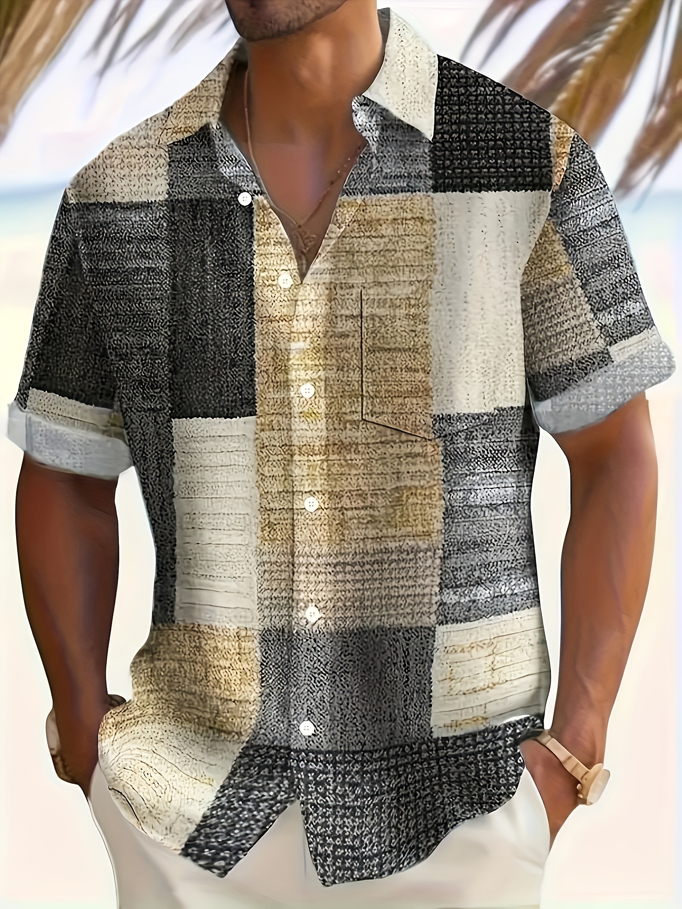 Men's Plaid Patchwork Print Short Sleeve Button Down Resort Shirt