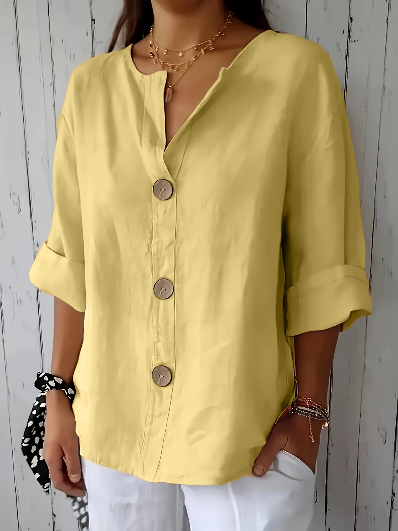 Women's Solid Notch V Neck Three Quarter Linen Blend Blouse