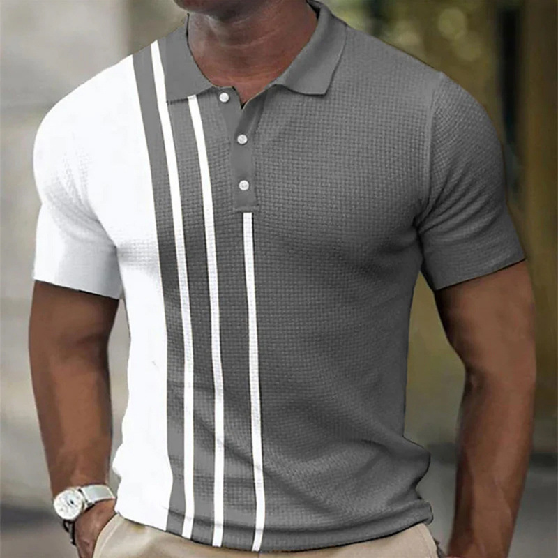 Men's Color Block Plaid Waffle Knit Short Sleeve Polo Shirt