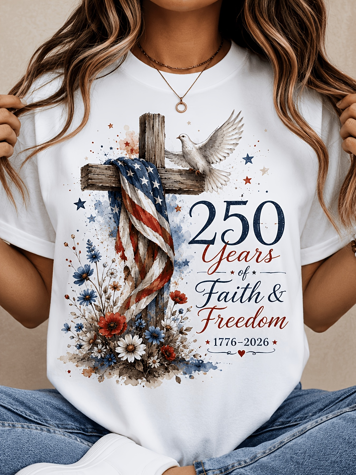 Women's Cross Dove Floral Faith Freedom Patriotic Crew Neck T-Shirt
