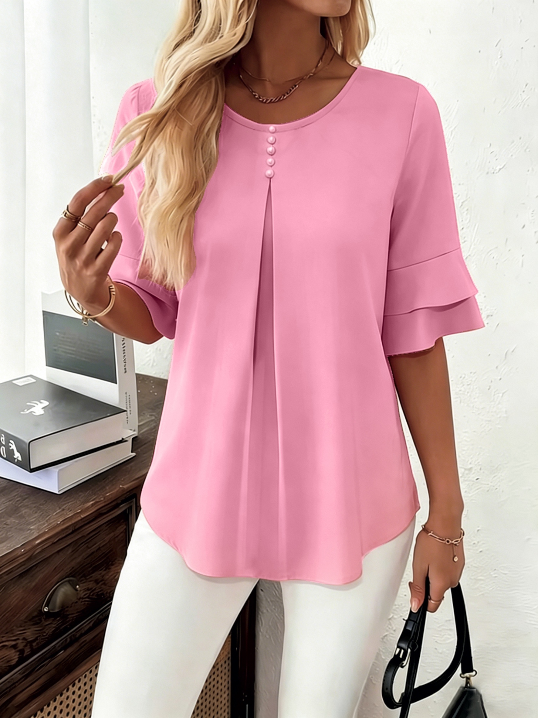 Women's Pearl Button Pleated Front Layered Flare Sleeve Blouse