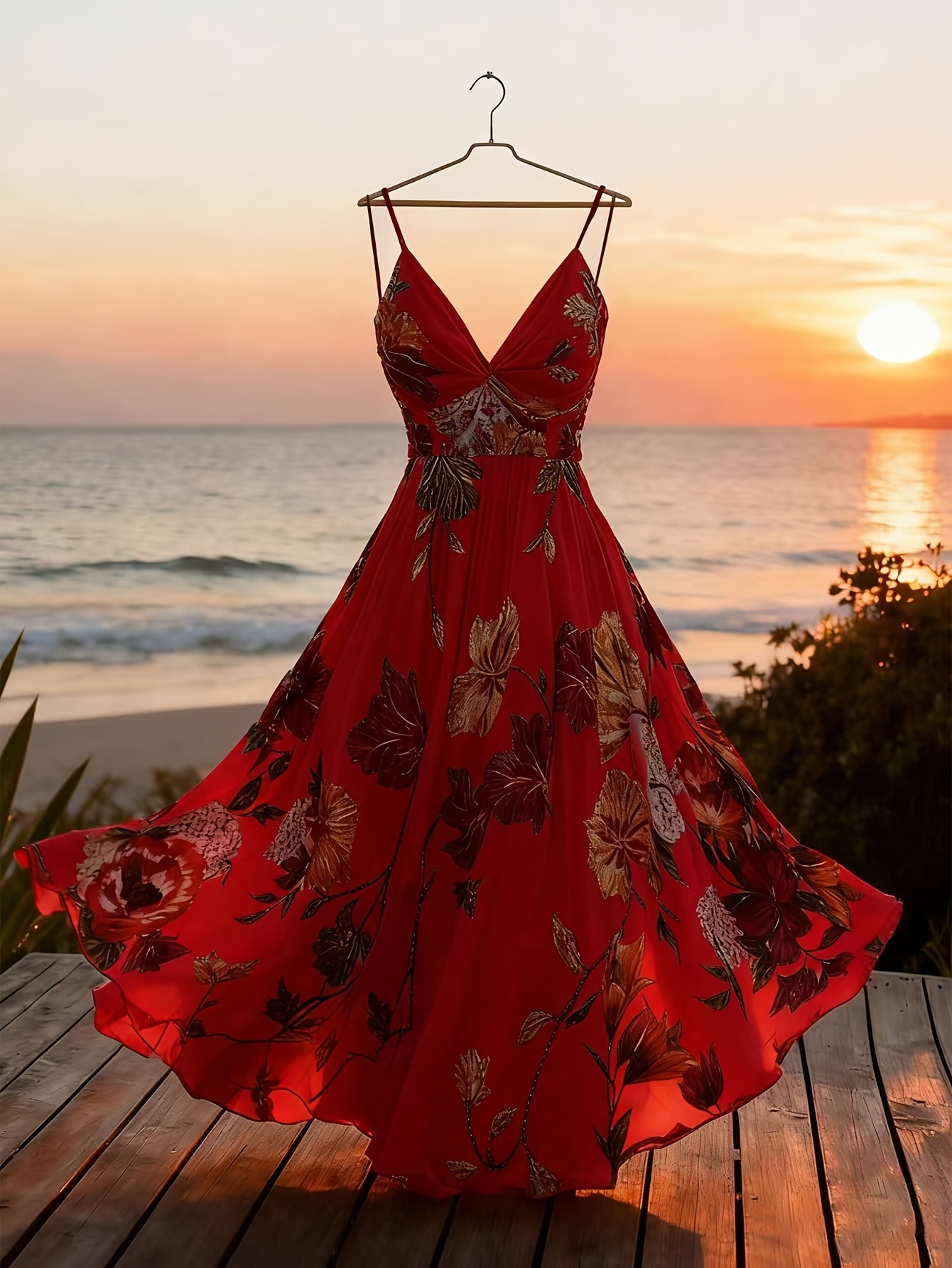 Women's Twisted V-Neck Floral Print Spaghetti Strap Resort Maxi Dress