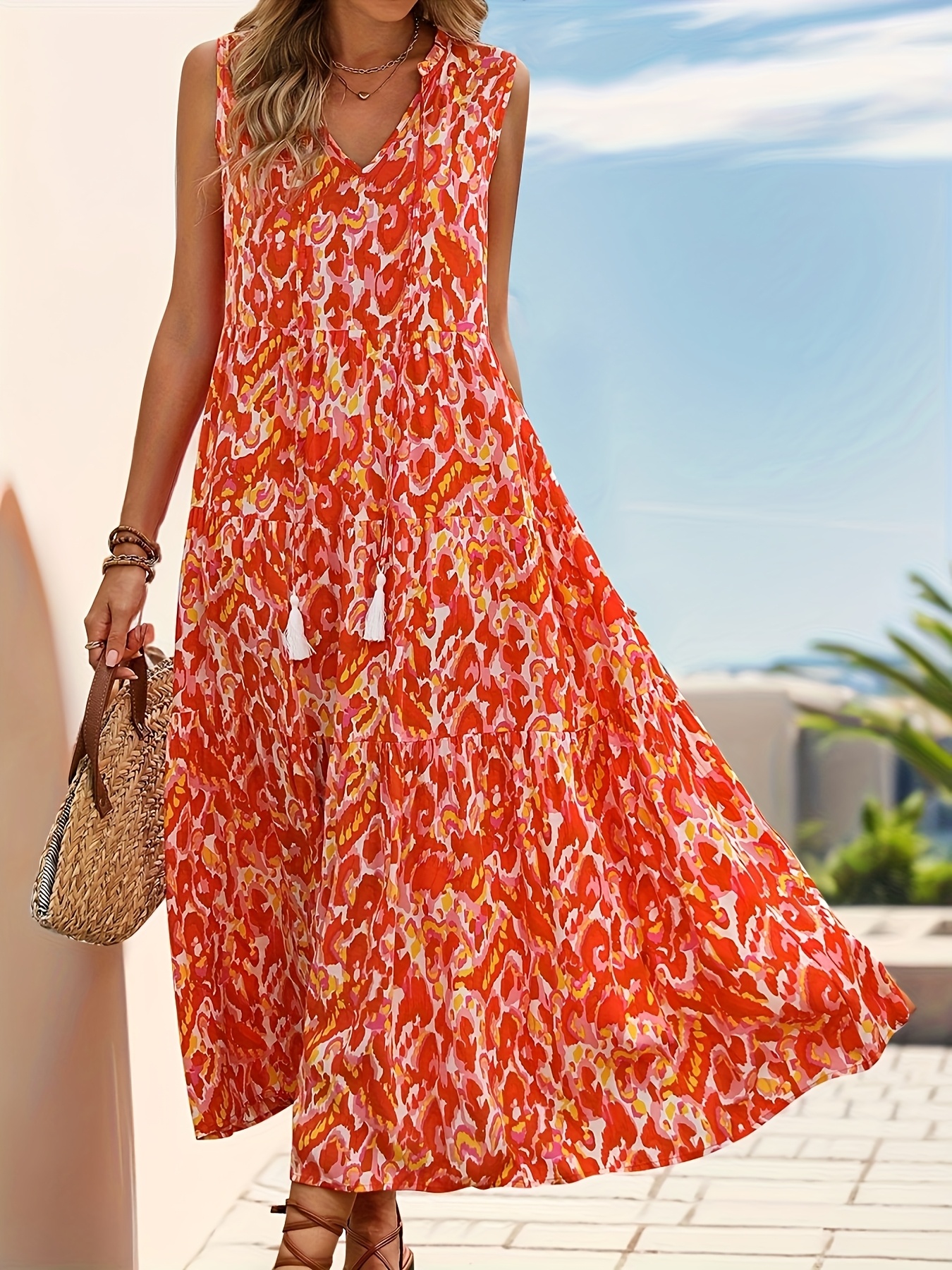 Women's Tropical Print Tassel V-Neck Sleeveless Tiered Midi Dress
