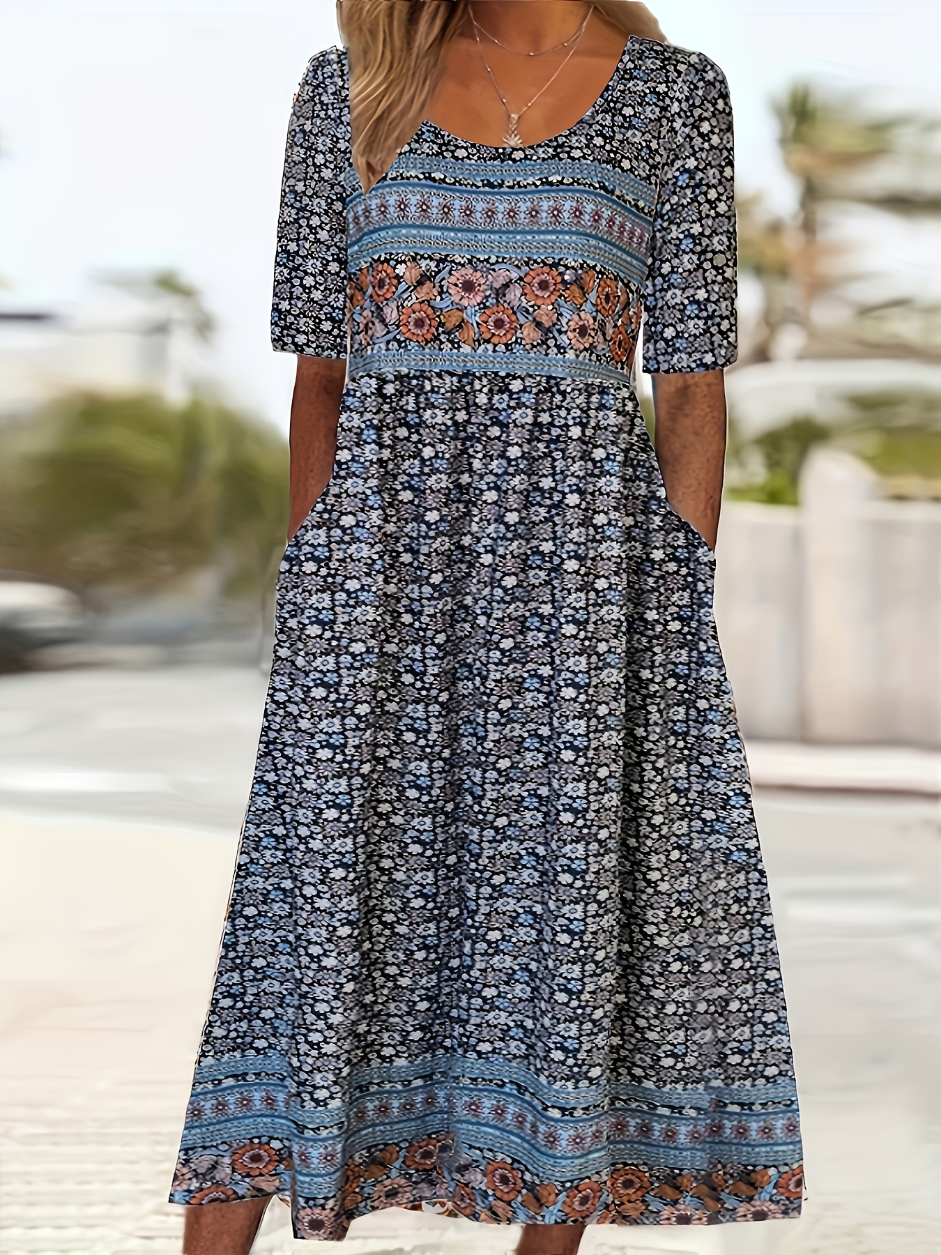 Women's Boho Border Paisley Print Short Sleeve Midi Dress
