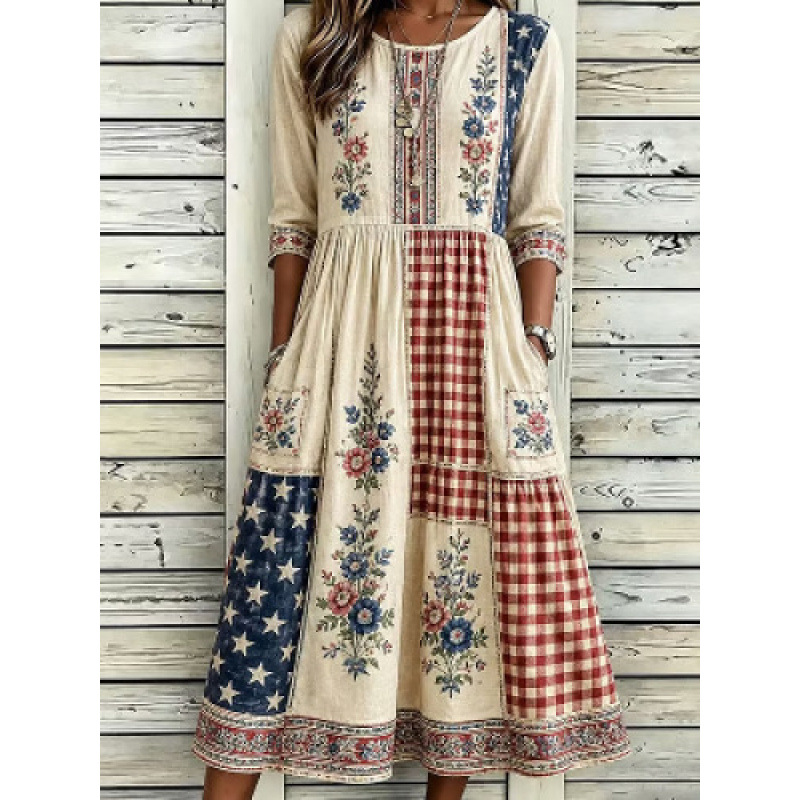 Women's Floral Plaid Star Patchwork Three Quarter Sleeve Midi Dress