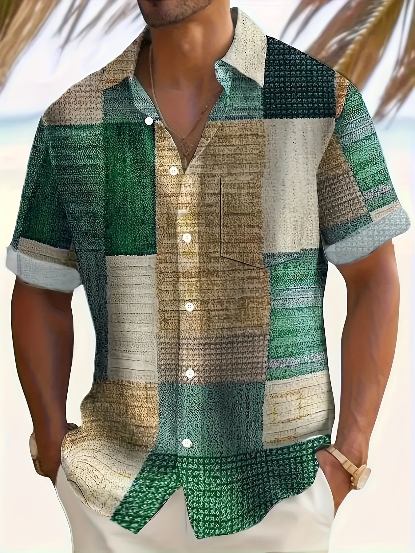 Men's Plaid Patchwork Print Short Sleeve Button Down Resort Shirt