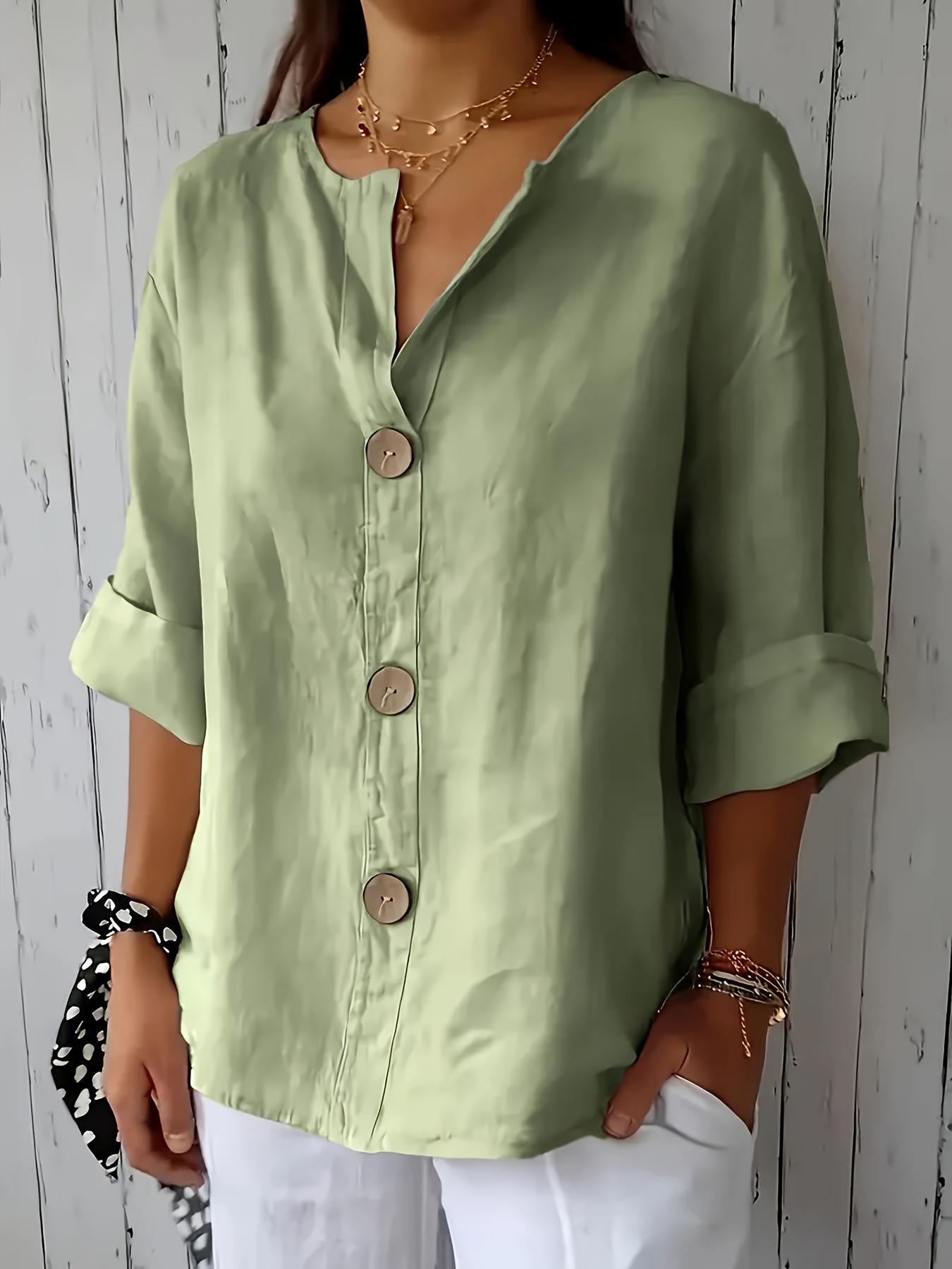 Women's Solid Notch V Neck Three Quarter Linen Blend Blouse