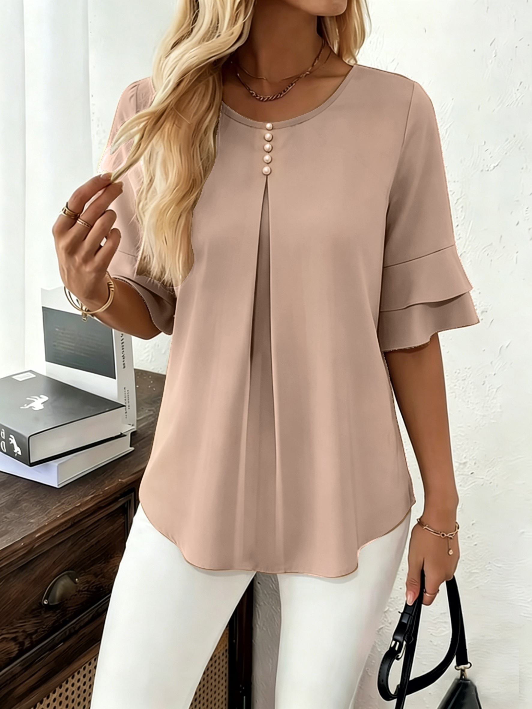 Women's Pearl Button Pleated Front Layered Flare Sleeve Blouse