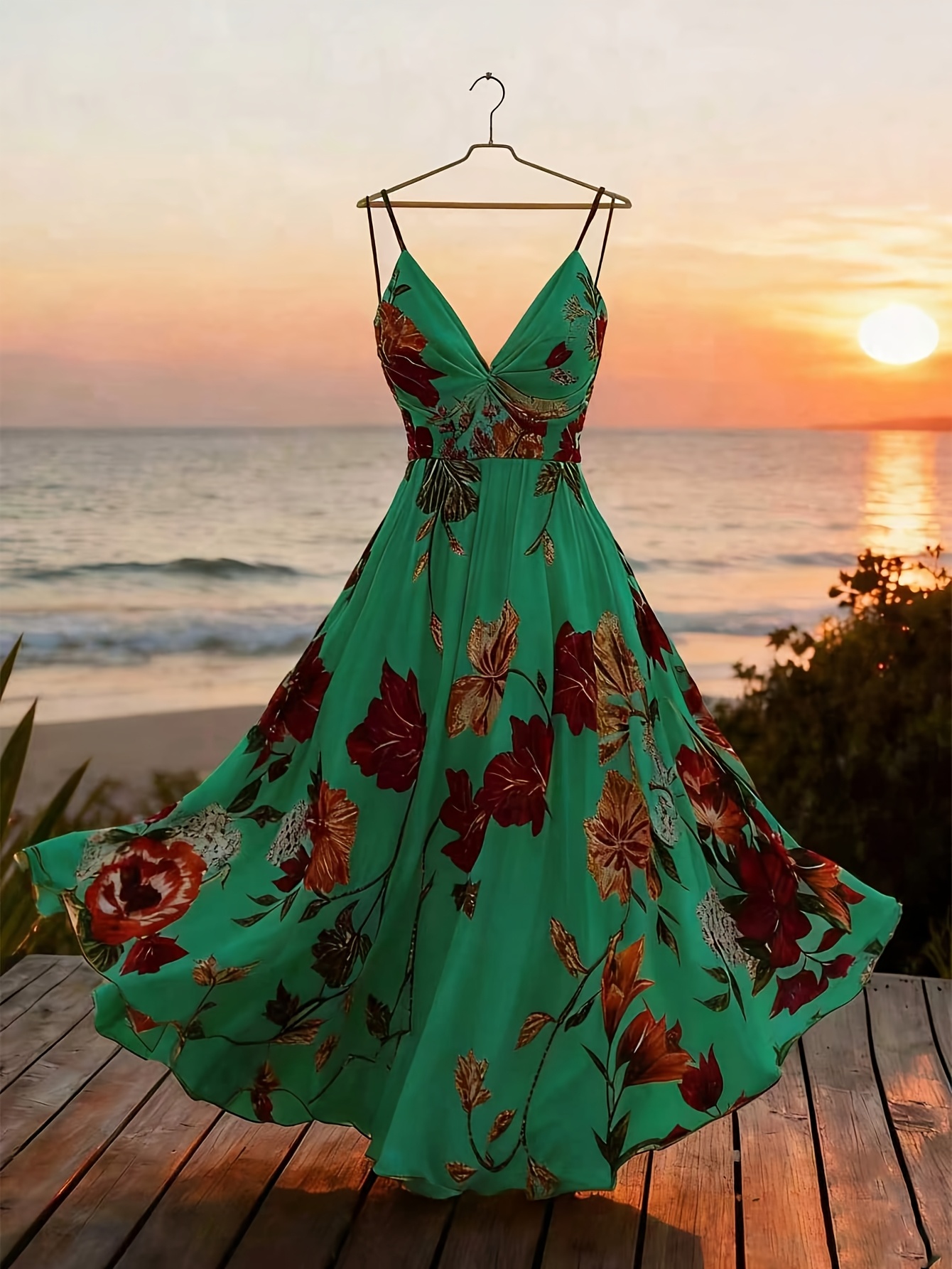 Women's Twisted V-Neck Floral Print Spaghetti Strap Resort Maxi Dress