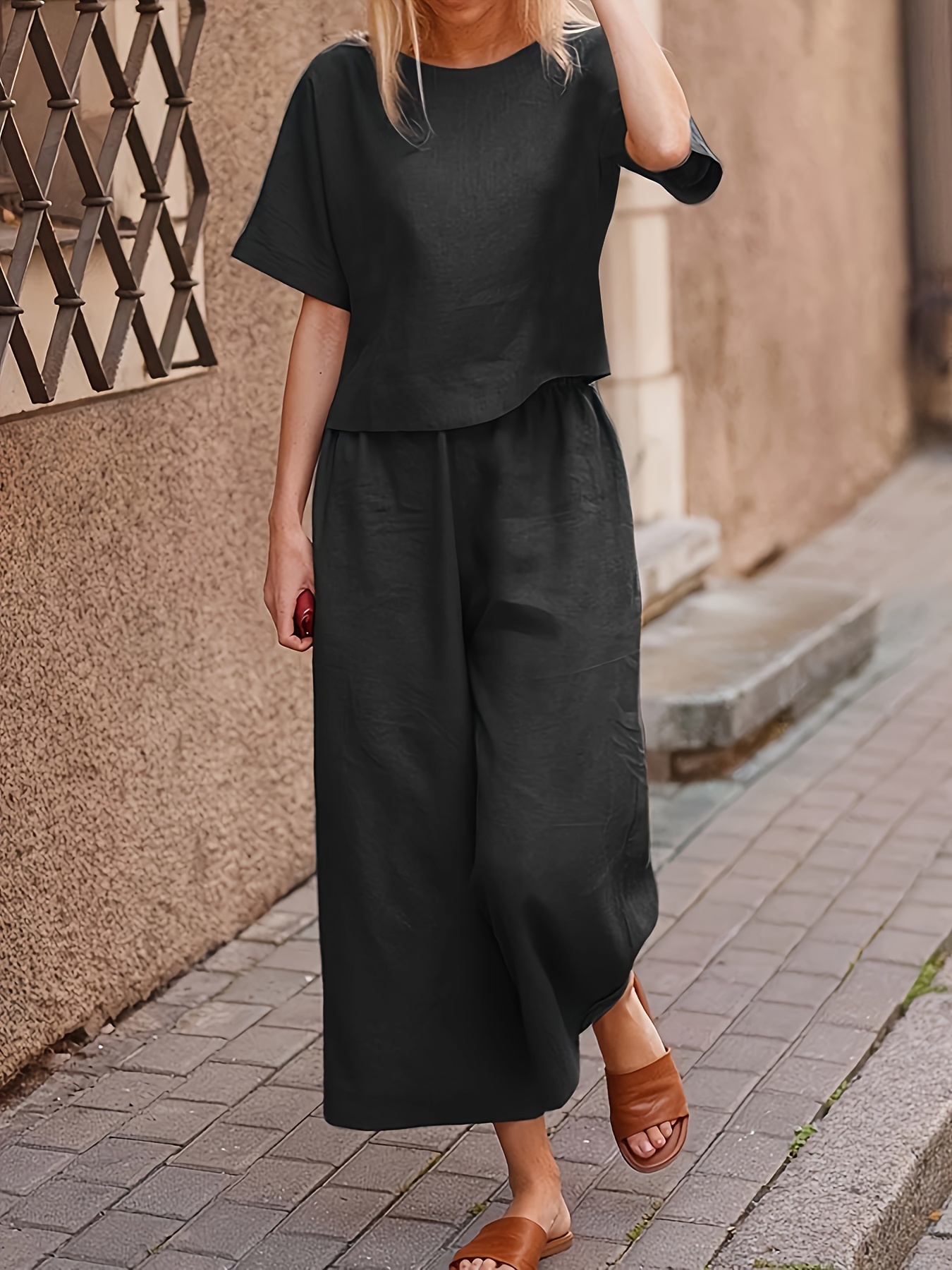 Women's Short Sleeve Crop Top & Wide Leg Cropped Pants Linen Two Piece Set