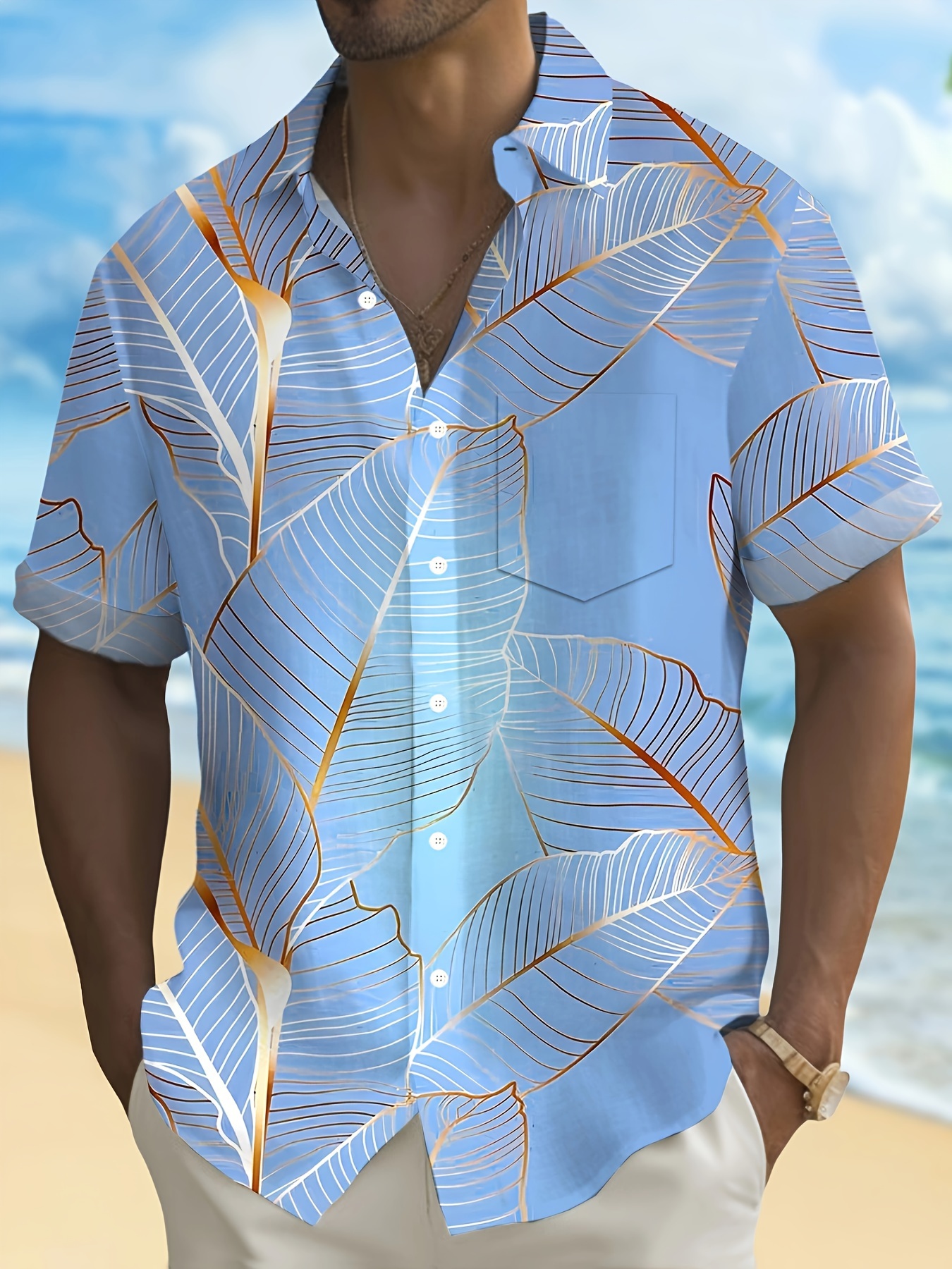 Men's Banana Leaf Print Short Sleeve Button Down Resort Shirt