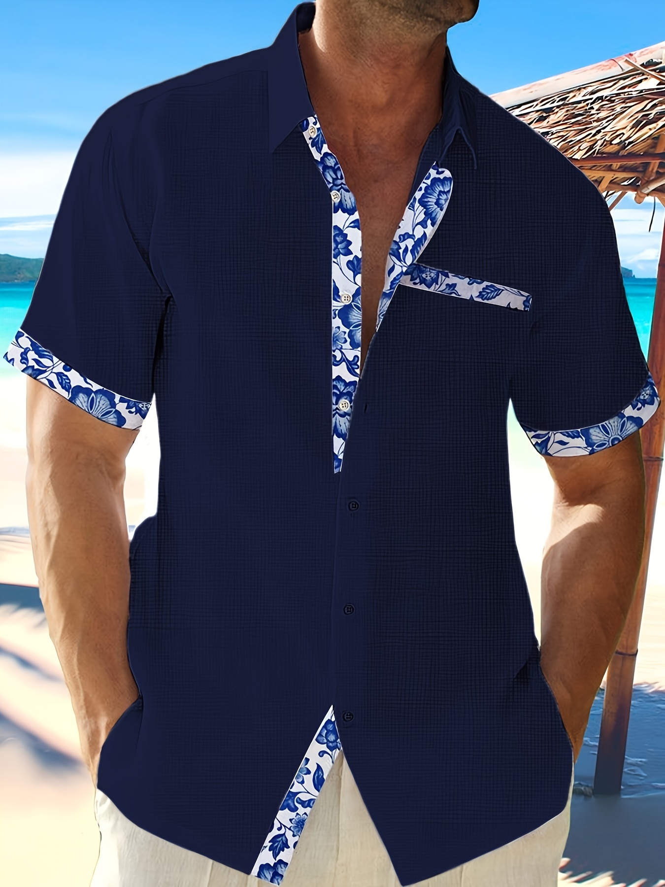 Men's Contrast Floral Trim Short Sleeve Button Down Resort Shirt