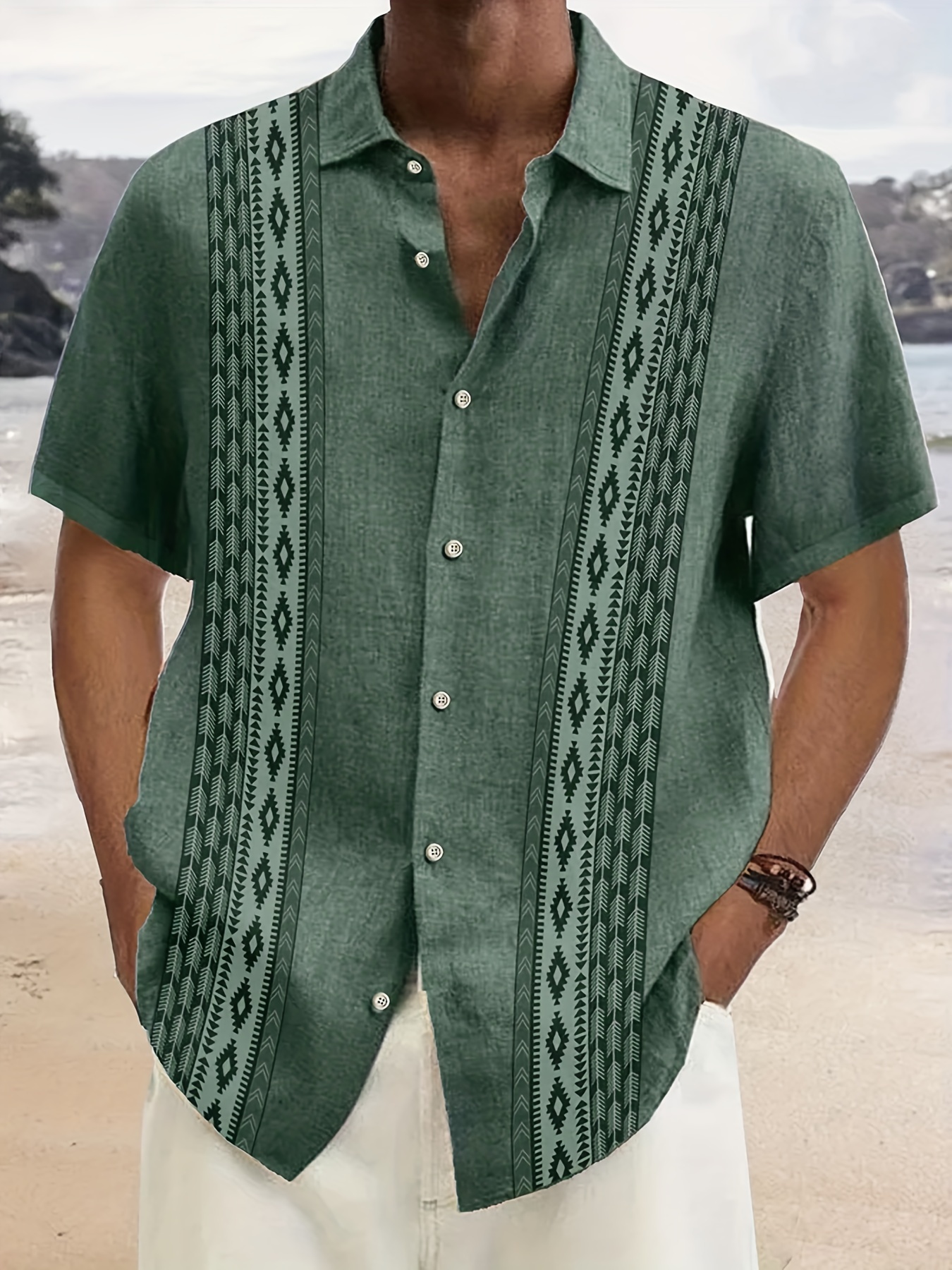 Men's Ethnic Geometric Striped Print Short Sleeve Button Down Resort Shirt