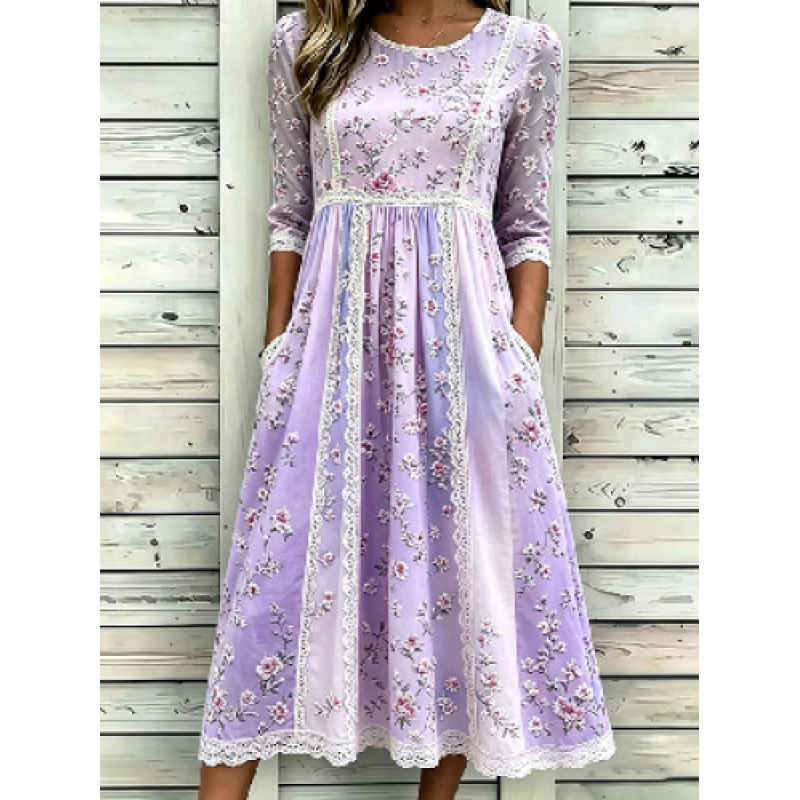 Women's Floral Plaid Star Patchwork Three Quarter Sleeve Midi Dress