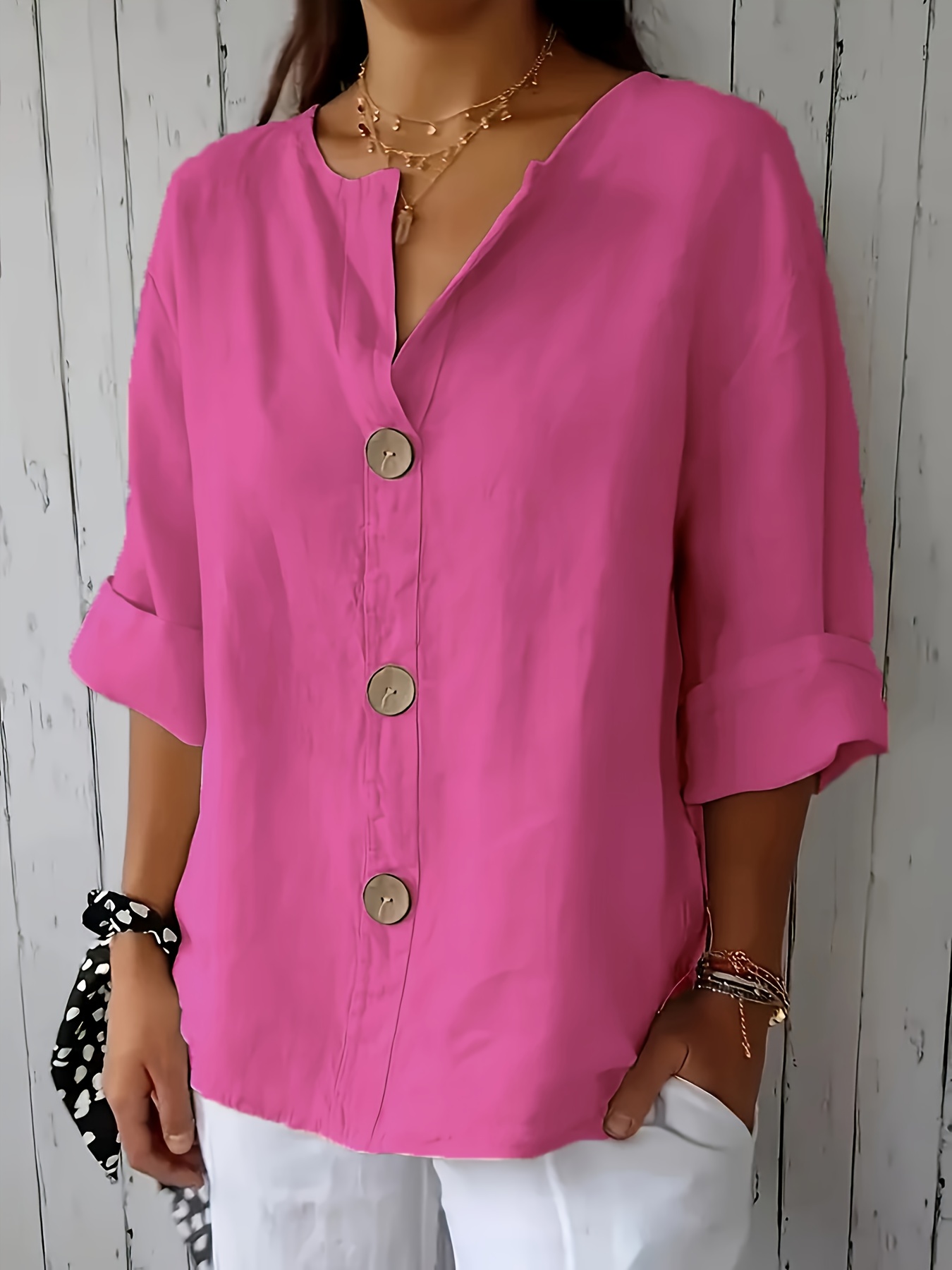 Women's Solid Notch V Neck Three Quarter Linen Blend Blouse