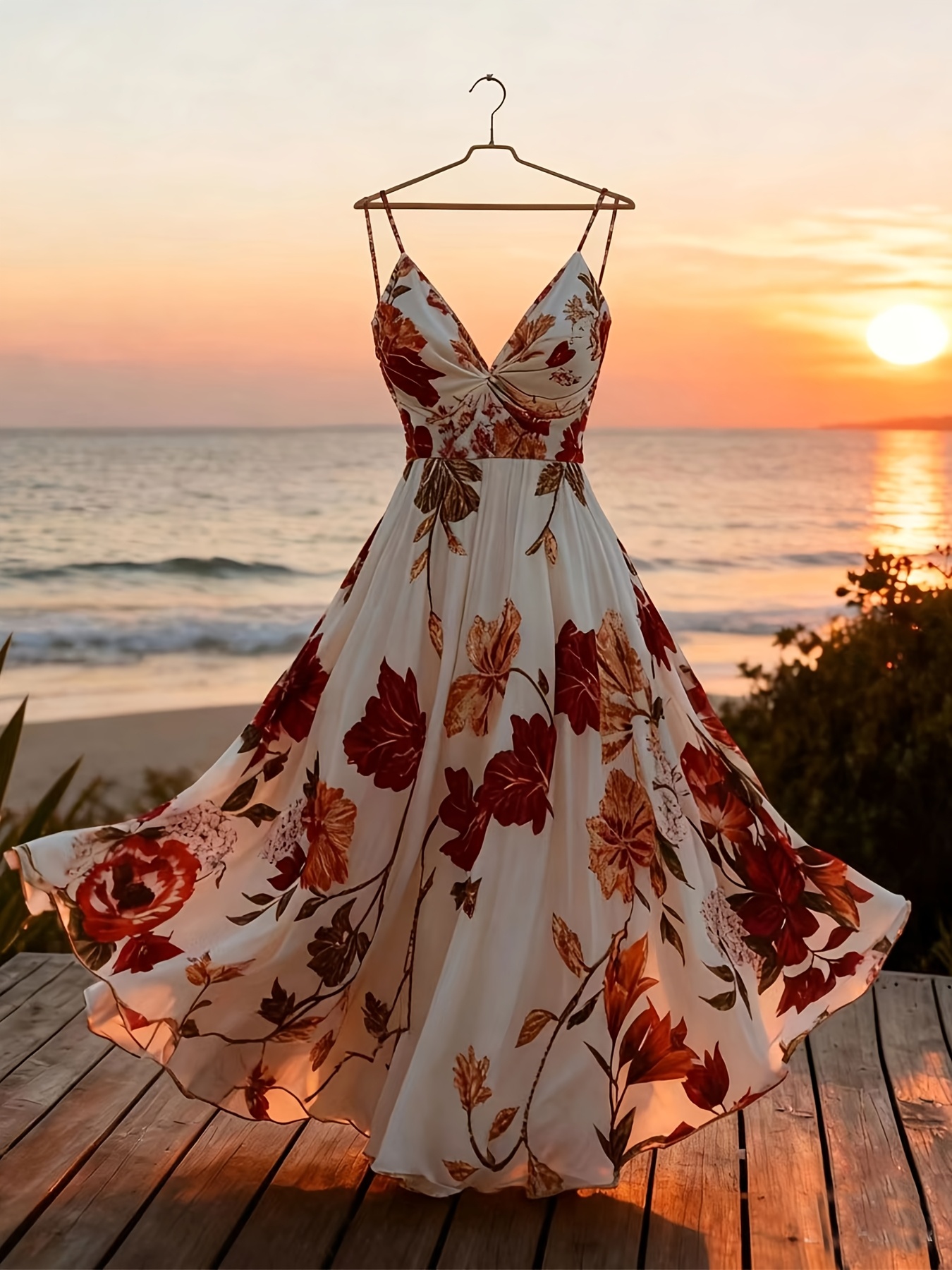 Women's Twisted V-Neck Floral Print Spaghetti Strap Resort Maxi Dress