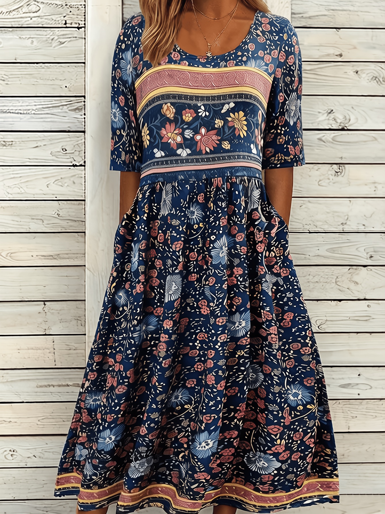 Women's Boho Border Paisley Print Short Sleeve Midi Dress